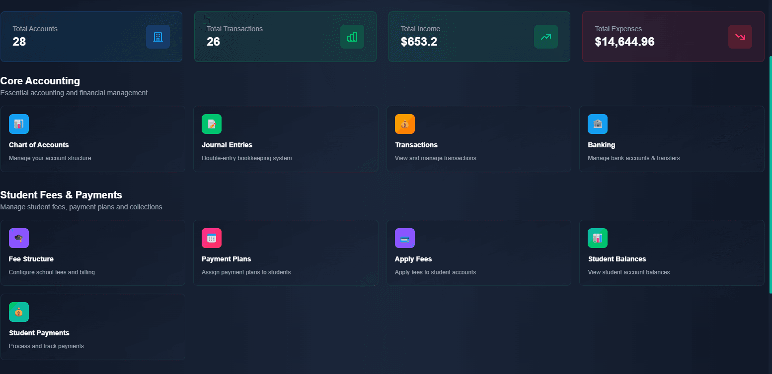 Finance dashboard illustrating fee collections, student balances, and transaction history.