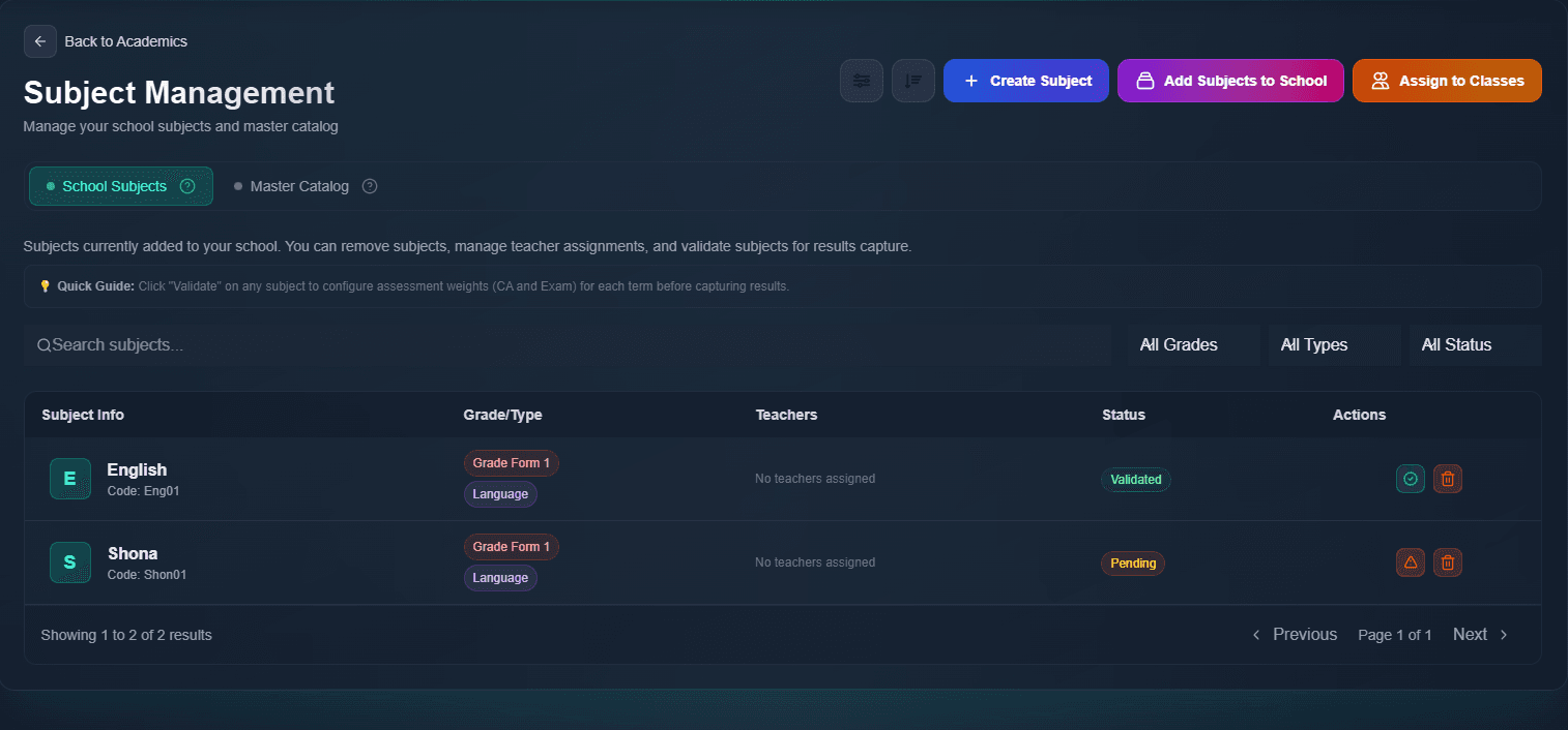 Subject management dashboard for configuring and managing academic subjects.