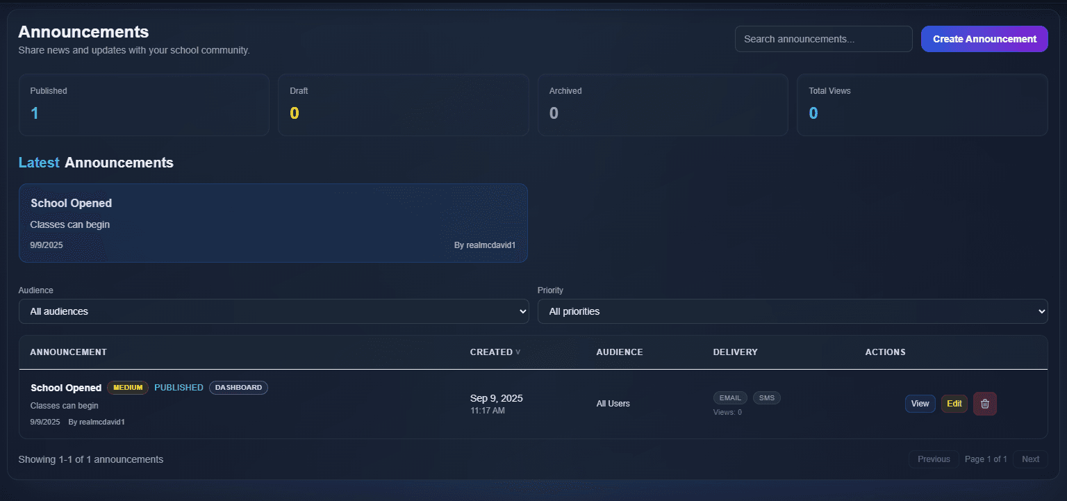 Announcements dashboard for broadcasting updates to parents and staff.
